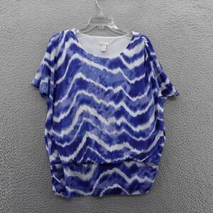 Chicos Split Sleeve Tie Dye Stripe Top Size 3 Blue US XL White Womens Light Mesh